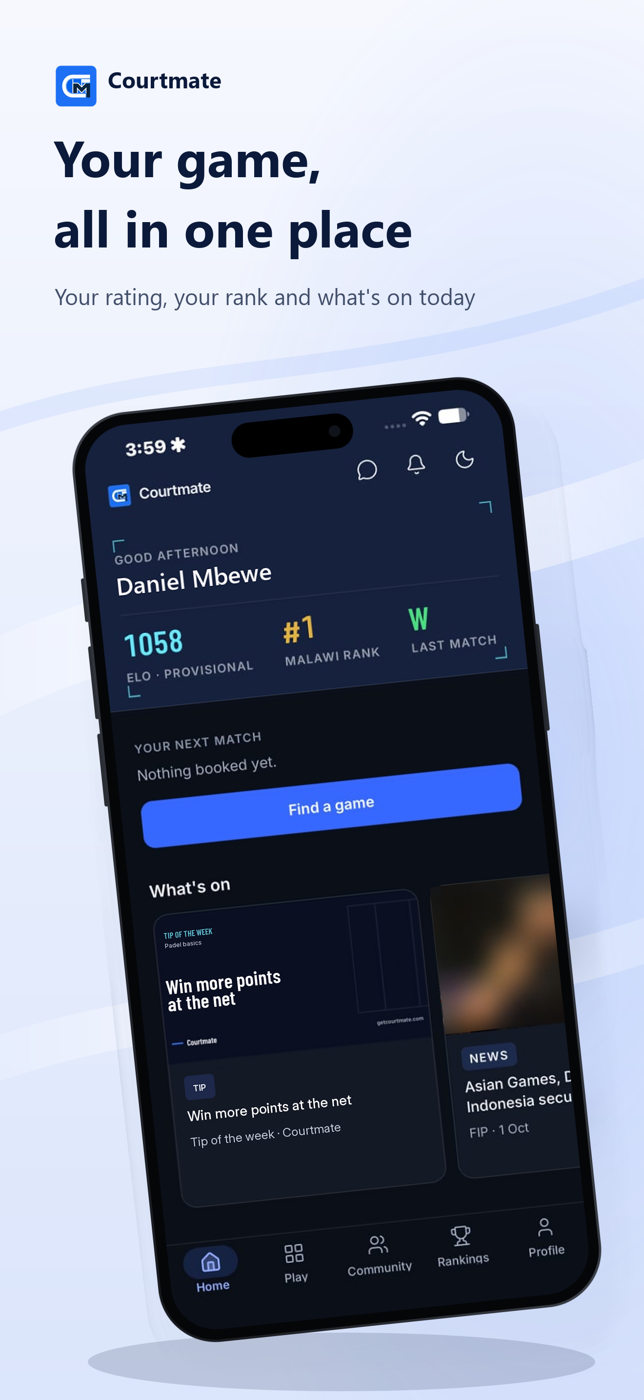 Courtmate home screen showing a player's rating, Malawi rank, last result and what's on today.