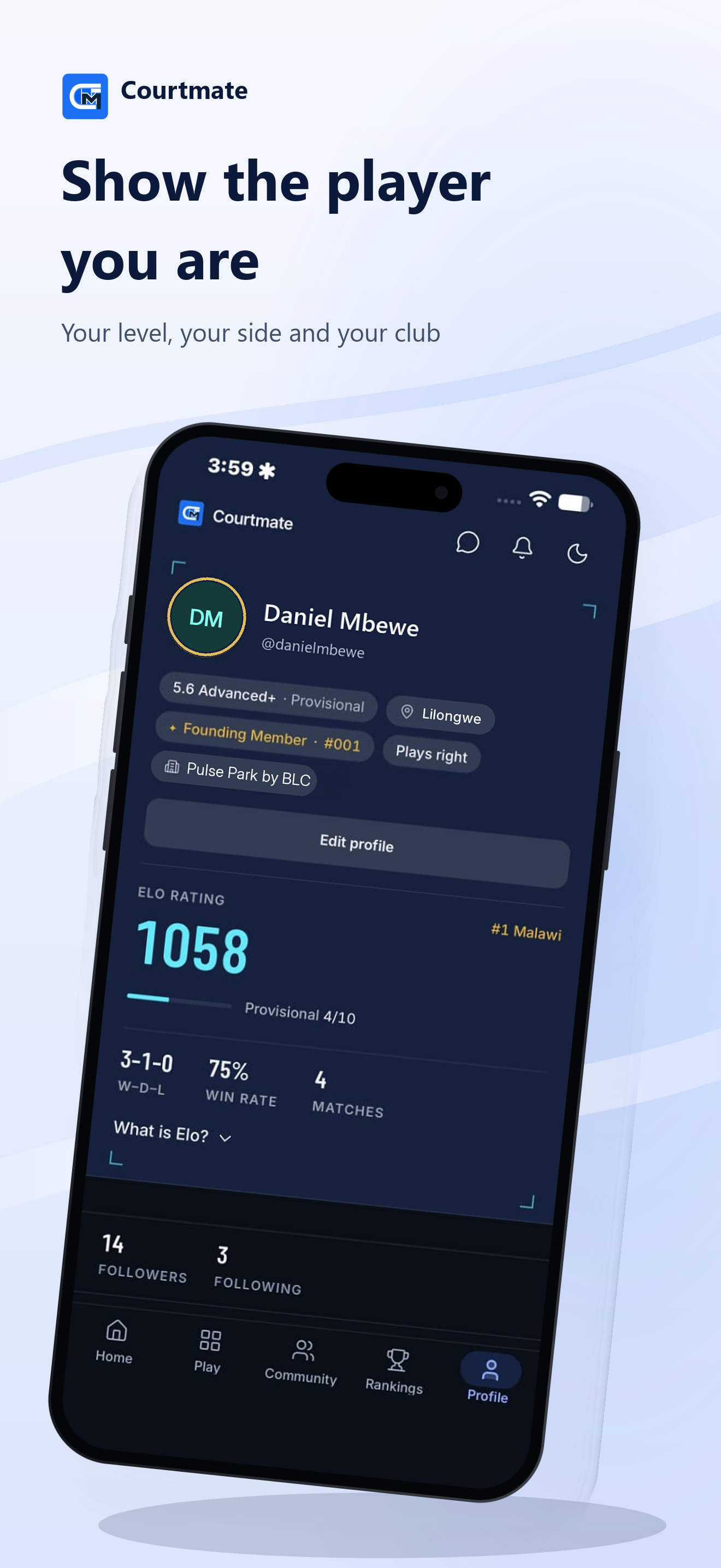 Courtmate player profile with rating, win rate, matches played and club.